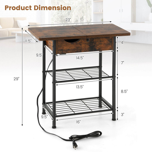 Rustic Brown Side Table with Flip-Top Charging Station - Image 5