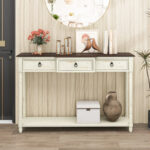 Rustic Farmhouse Console Table with Drawers and Open Storage Shelf