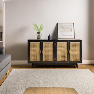 Silvia Black Rattan Door 57-Inch Wide TV Stand
