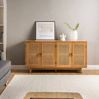 Silvia Walnut Rattan Door Wide TV Stand Storage Cabinet