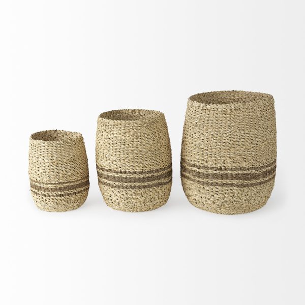 Sivannah 19.7L x 19.7W x 23.6H Set of 3 Light Brown and Medium Brown Striped Seagrass Round Basket 2
