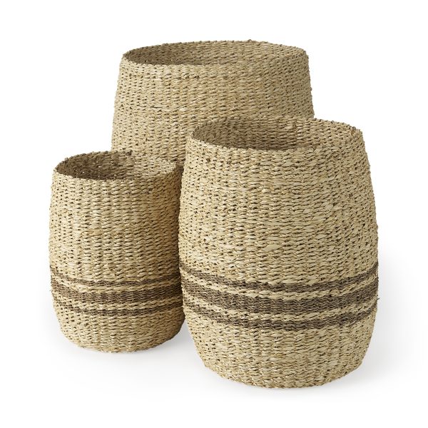Sivannah 19.7L x 19.7W x 23.6H Set of 3 Light Brown and Medium Brown Striped Seagrass Round Basket