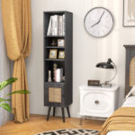 Slim Rattan Storage Cabinet with Adjustable Shelves and Natural Design