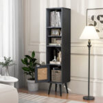 Slim Rattan Storage Cabinet with Adjustable Shelves and Natural Design