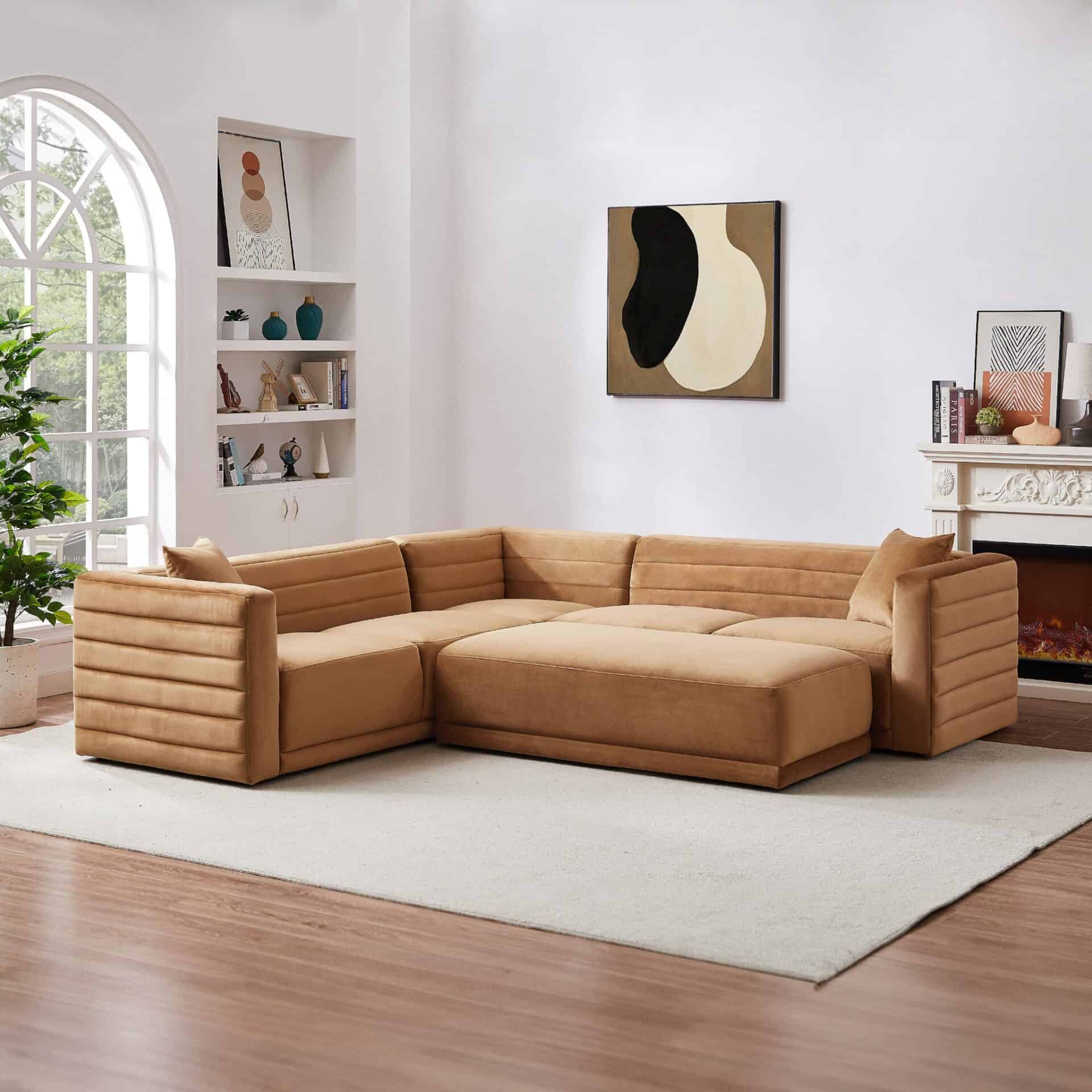 Cognac Velvet Modular Corner Sectional Sofa for Living Rooms 4 Cognac Velvet Modular Corner Sectional Sofa for Living Rooms - Image 4