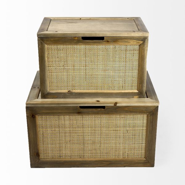 Sonny 23.6L x 15.7W x 13.8H Set of Two Brown Wood and Wicker W Metal Detail Rectangular Boxes 3
