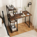 Space-Saving Computer Desk with Shelves and Host Stand
