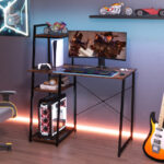 Space-Saving Computer Desk with Shelves and Host Stand