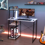 Space-Saving Computer Desk with Shelves and Host Stand