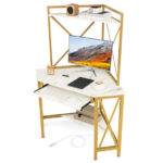 Space-Saving Corner Desk with Hutch, Keyboard Tray, and Charging Station