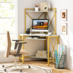 Space-Saving Corner Desk with Hutch, Keyboard Tray, and Charging Station