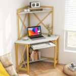 Space-Saving Corner Desk with Hutch, Keyboard Tray, and Charging Station