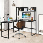 Space-Saving L-Shaped Corner Desk with Hutch and Footrest Bars 41 Space-Saving L-Shaped Corner Desk with Hutch and Footrest Bars