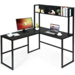 Space-Saving L-Shaped Corner Desk with Hutch and Footrest Bars 42 Space-Saving L-Shaped Corner Desk with Hutch and Footrest Bars