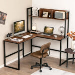 Space-Saving L-Shaped Corner Desk with Hutch and Footrest Bars 43 Space-Saving L-Shaped Corner Desk with Hutch and Footrest Bars
