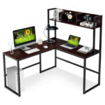 Space-Saving L-Shaped Corner Desk with Hutch and Footrest Bars 53 Space-Saving L-Shaped Corner Desk with Hutch and Footrest Bars