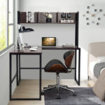 Space-Saving L-Shaped Corner Desk with Hutch and Footrest Bars 56 Space-Saving L-Shaped Corner Desk with Hutch and Footrest Bars