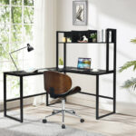 Space-Saving L-Shaped Corner Desk with Hutch and Footrest Bars 36 Space-Saving L-Shaped Corner Desk with Hutch and Footrest Bars