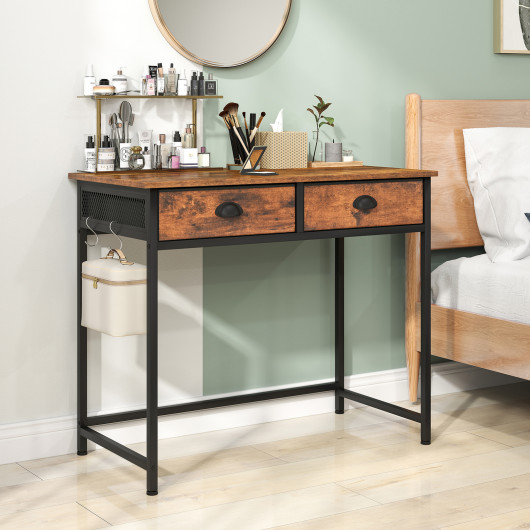 Rustic Brown Home Office Desk with Drawers and Hanging Hooks 2 Rustic Brown Home Office Desk with Drawers and Hanging Hooks - Image 2