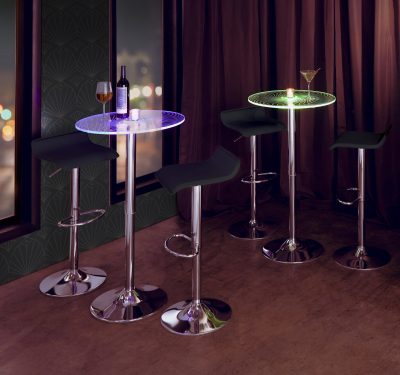 Spyra-Ale Contemporary Adjustable Chrome Bar Set with Light-Up Acrylic Tabletop and Black PVC (3 Piece)