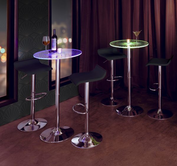 Spyra Ale Contemporary Adjustable Chrome Bar Set with Light Up Acrylic Tabletop and Black PVC 3 Piece