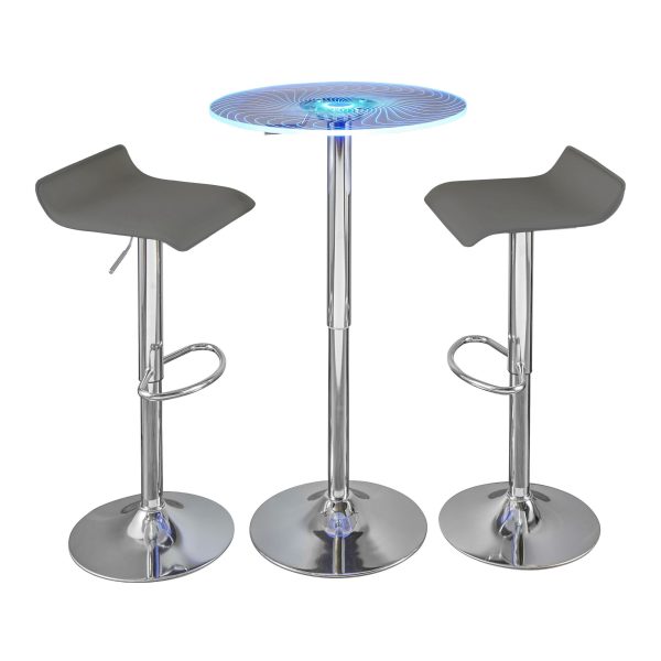 Spyra Ale Contemporary Adjustable Chrome Bar Set with Light Up Acrylic Tabletop and Grey Stools Set of 3 1