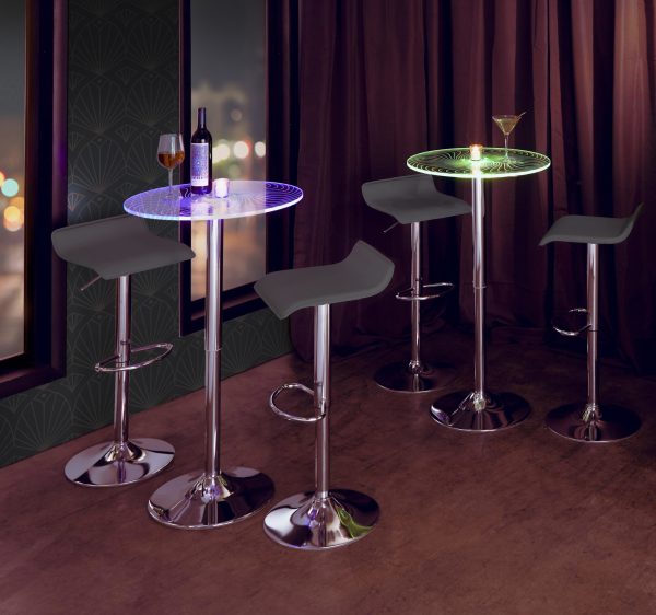 Spyra Ale Contemporary Adjustable Chrome Bar Set with Light Up Acrylic Tabletop and Grey Stools Set of 3