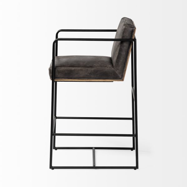 Stamford 36 Total Height Black Leather Seat w Wood Back Metal Frame Counter Stool 4