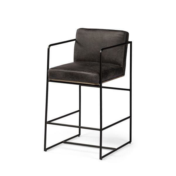 Stamford 36 Total Height Black Leather Seat w Wood Back Metal Frame Counter Stool