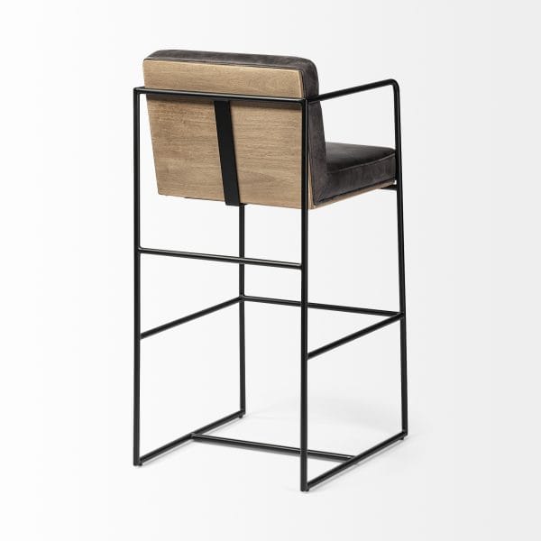 Stamford 40 Total Height Black Leather Seat w Wood Back Metal Frame Bar Stool 6