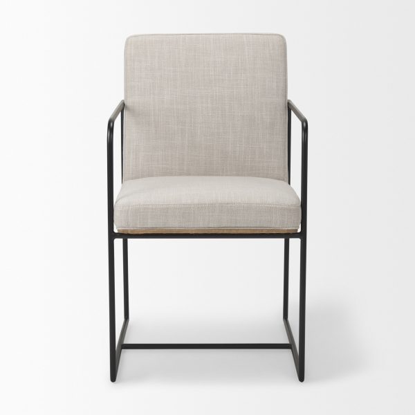 Stamford Beige Upholstered Seat w Wood Back Black Metal Frame Dining Chair w Arms 1