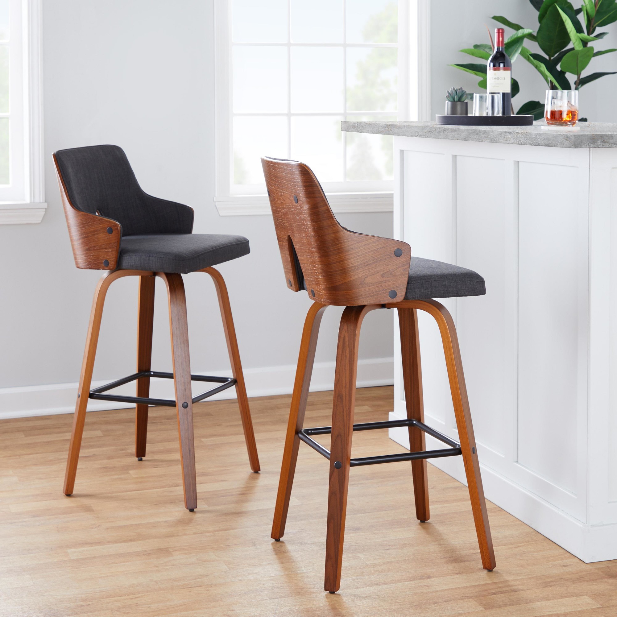 Stella 30 Mid-Century Modern Walnut and Charcoal Barstools (Set of 2) 2 Stella 30 Mid-Century Modern Walnut and Charcoal Barstools (Set of 2) - Image 2
