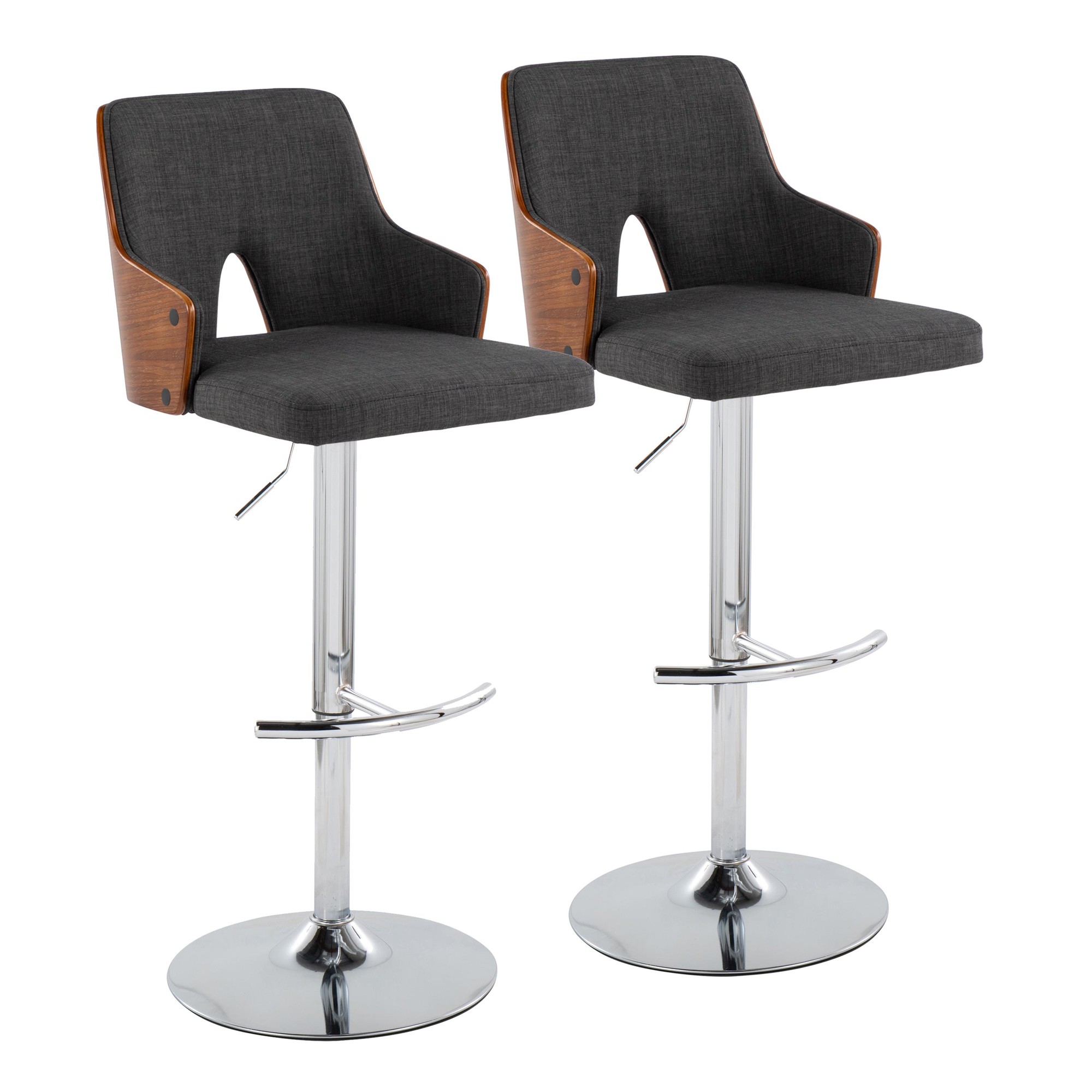 Stella Charcoal Fabric Chrome Contemporary Adjustable Barstools (Set of 2) 3 Stella Charcoal Fabric Chrome Contemporary Adjustable Barstools (Set of 2) - Image 3