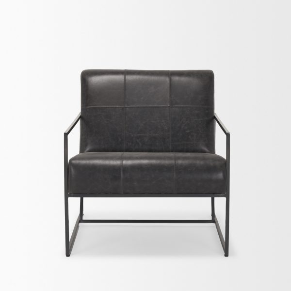 Stratton Gunmetal w Genuine Aged Black Leather Upholstered Accent Chair 2