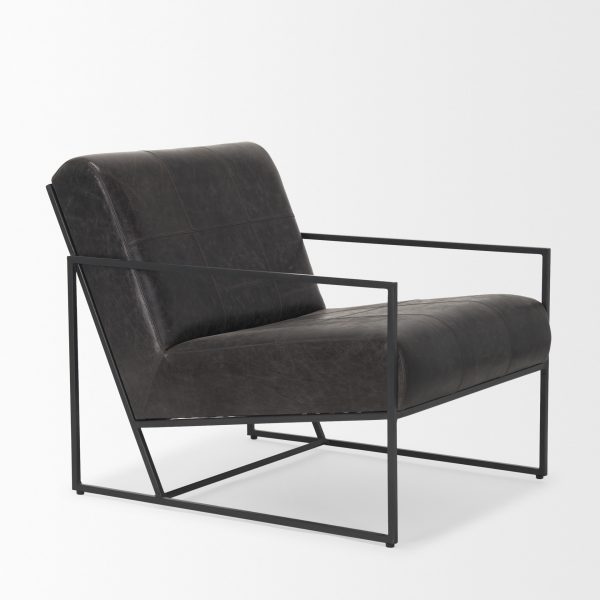 Stratton Gunmetal w Genuine Aged Black Leather Upholstered Accent Chair 6