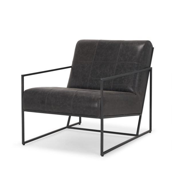 Stratton Gunmetal w Genuine Aged Black Leather Upholstered Accent Chair