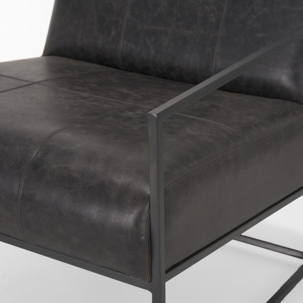 Stratton Gunmetal w Genuine Aged Black Leather Upholstered Accent Chair 9