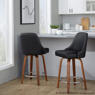 Studded Marcel 26 Walnut Black Faux Leather Swivel Stool (Set of 2)