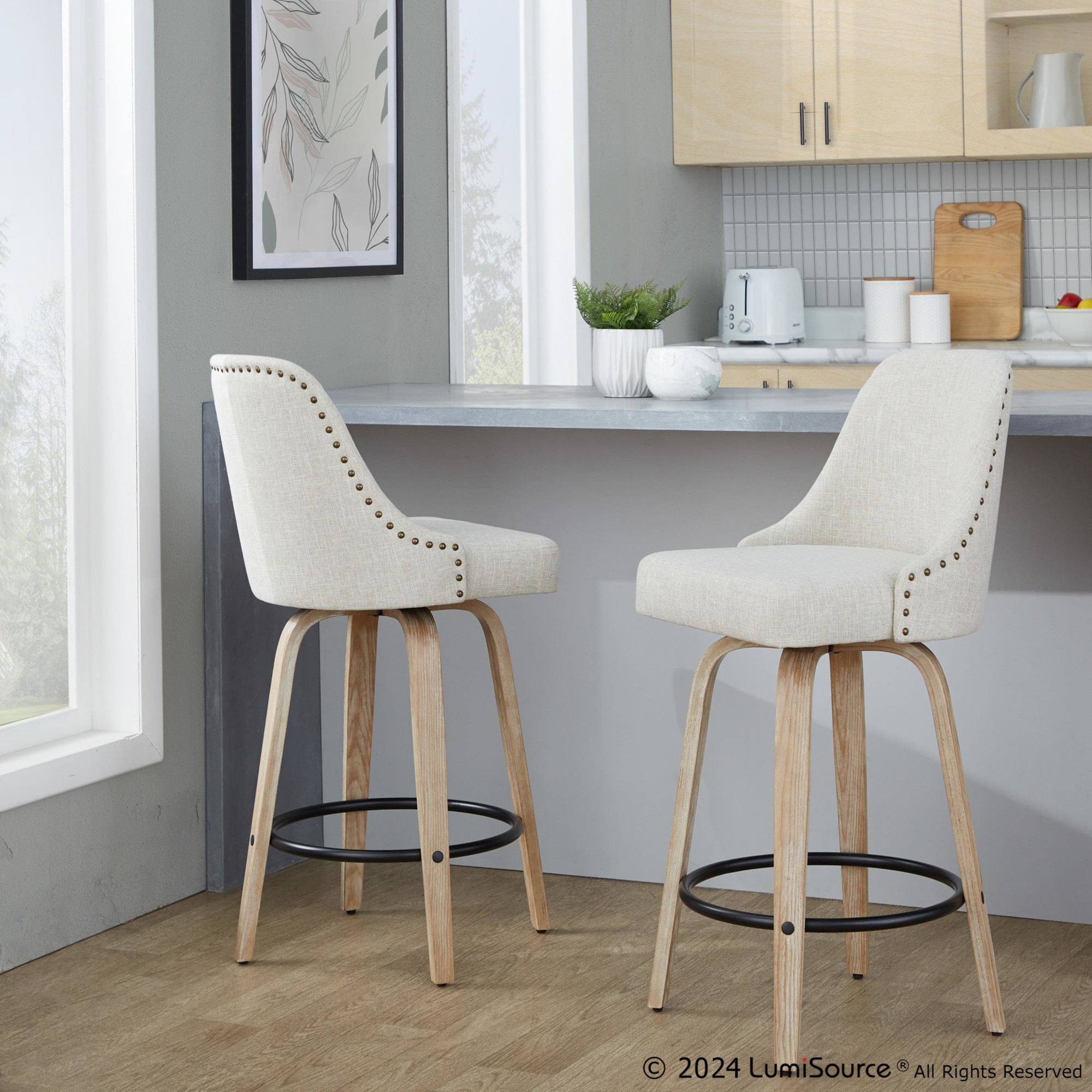 Studded Marcel 27 Cream Swivel Counter Stool Whitewashed Wood (Set of 2) 2 Studded Marcel 27 Cream Swivel Counter Stool Whitewashed Wood (Set of 2) - Image 2