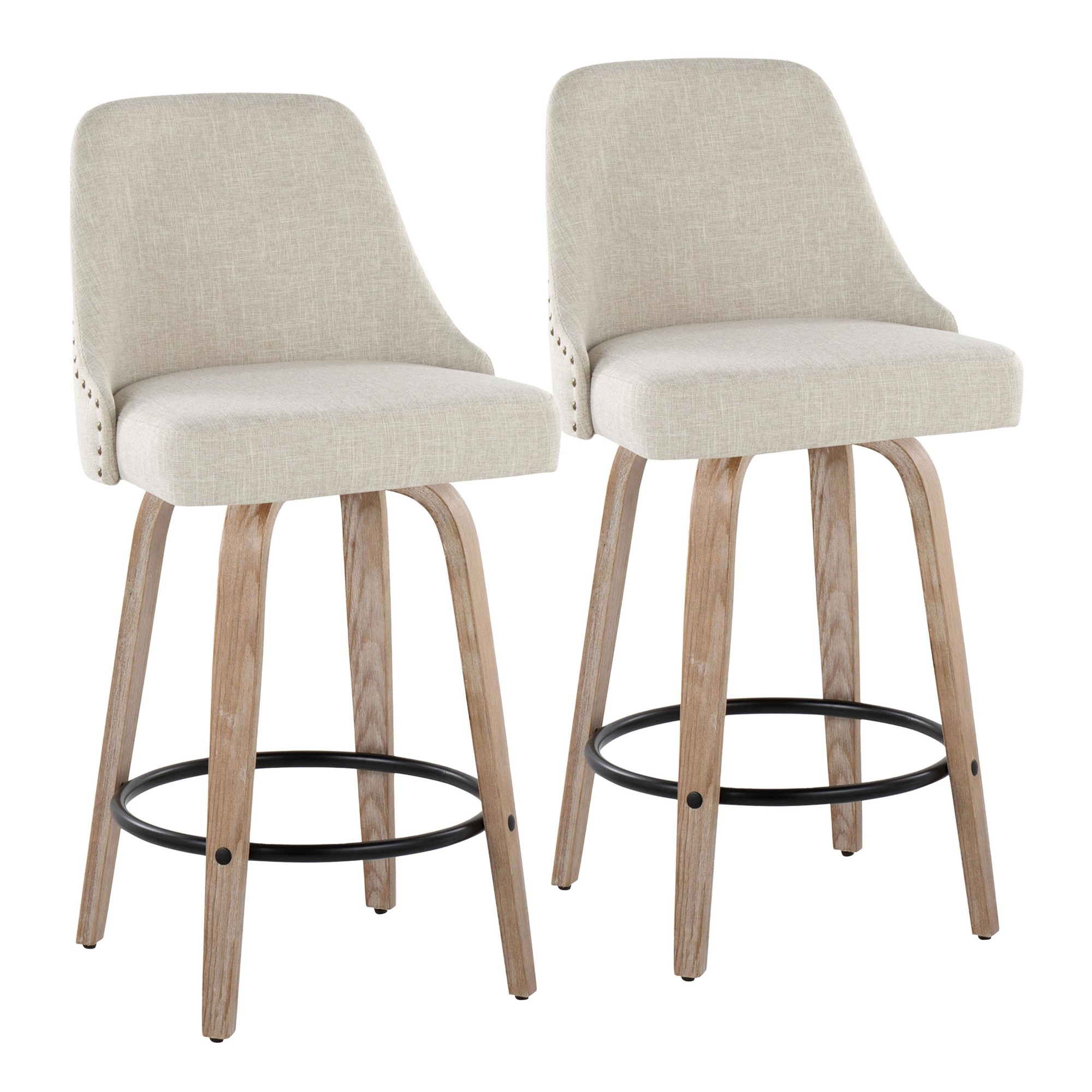 Studded Marcel 27 Cream Swivel Counter Stool Whitewashed Wood (Set of 2) 3 Studded Marcel 27 Cream Swivel Counter Stool Whitewashed Wood (Set of 2) - Image 3