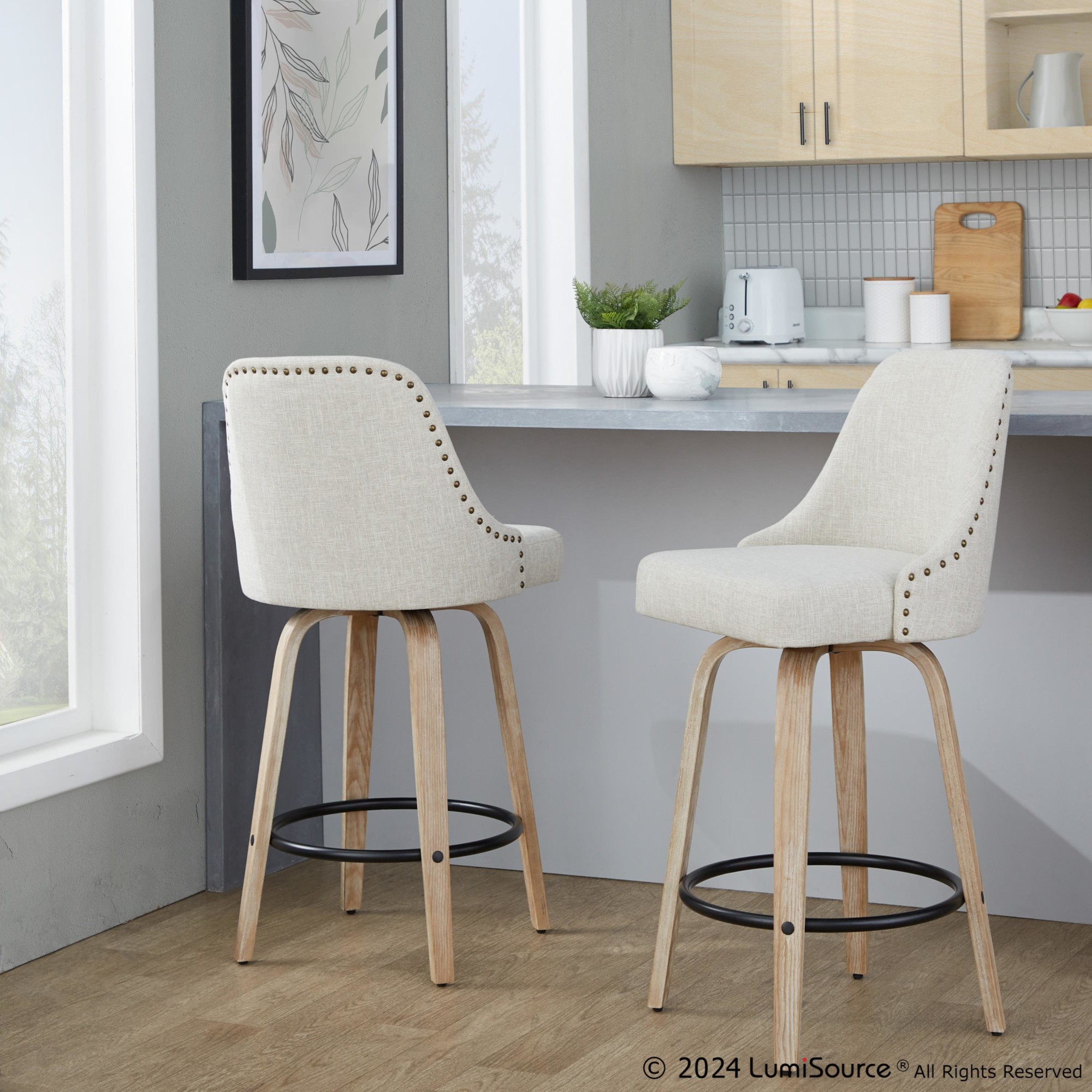 Studded Marcel 27 Cream Swivel Counter Stool Whitewashed Wood (Set of 2) 1 Studded Marcel 27 Cream Swivel Counter Stool Whitewashed Wood (Set of 2)