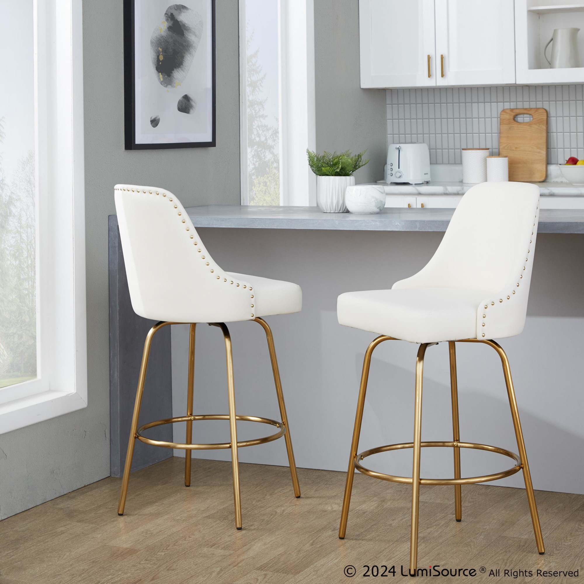Studded Marcel 27-Inch Gold and White Contemporary Counter Stool (Set of 2) 2 Studded Marcel 27-Inch Gold and White Contemporary Counter Stool (Set of 2) - Image 2