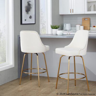 Studded Marcel 27-Inch Gold and White Contemporary Counter Stool (Set of 2)