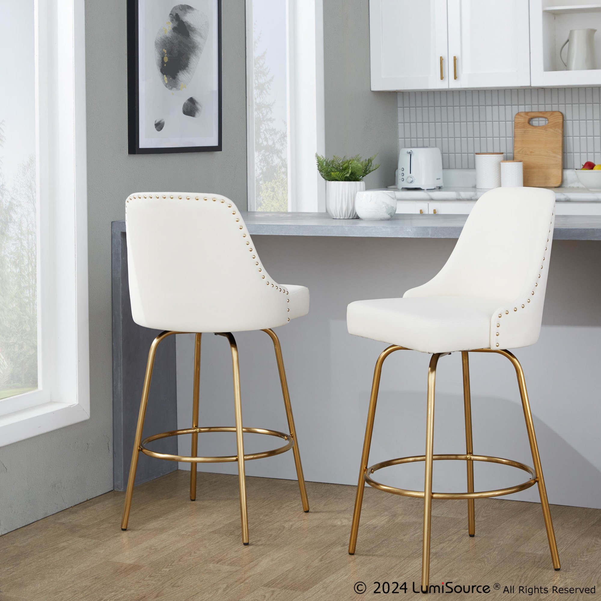 Studded Marcel 27-Inch Gold and White Contemporary Counter Stool (Set of 2) 1 Studded Marcel 27-Inch Gold and White Contemporary Counter Stool (Set of 2)