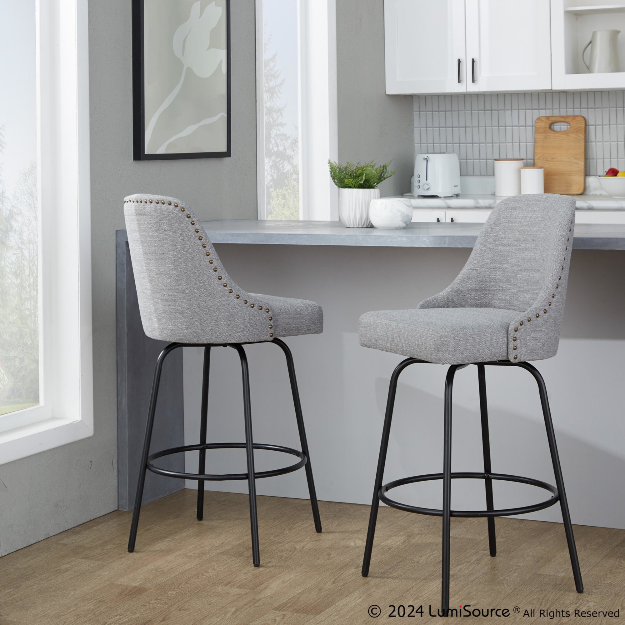 Studded Marcel 27-Inch Light Grey Contemporary Swivel Stools (Set of 2) 2 Studded Marcel 27-Inch Light Grey Contemporary Swivel Stools (Set of 2) - Image 2