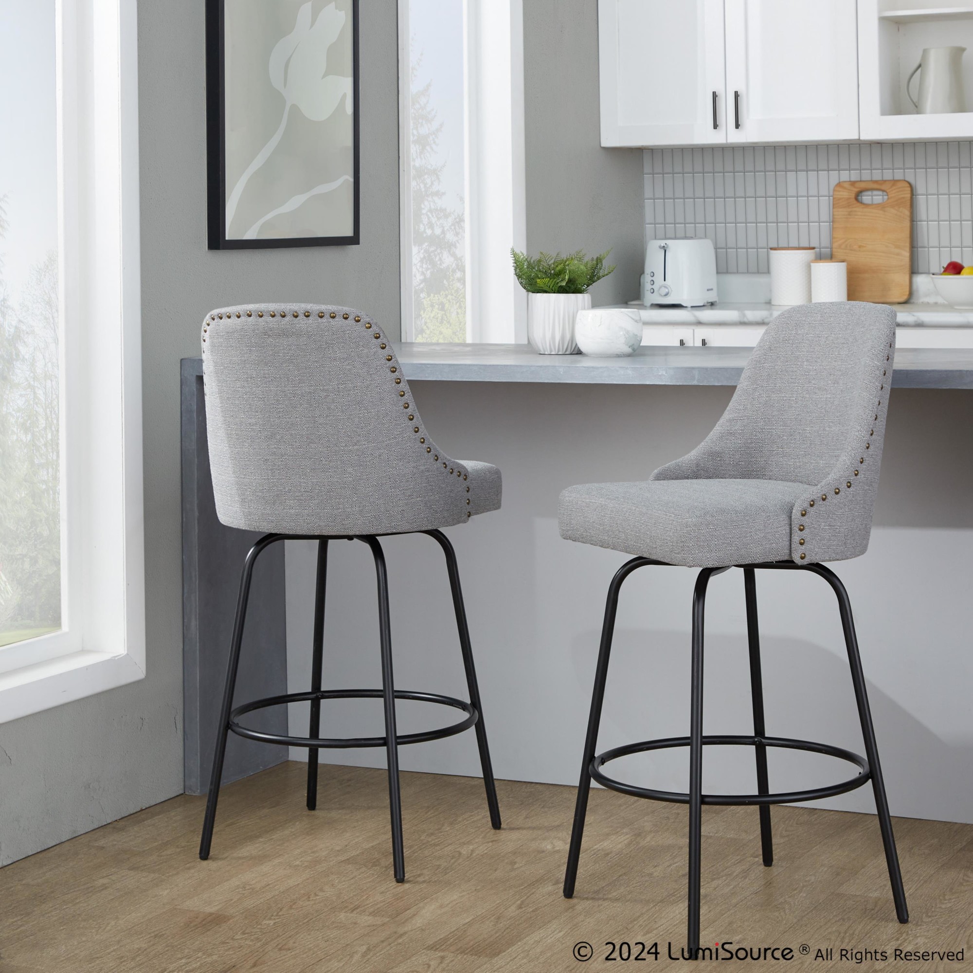 Studded Marcel 27-Inch Light Grey Contemporary Swivel Stools (Set of 2) 1 Studded Marcel 27-Inch Light Grey Contemporary Swivel Stools (Set of 2)