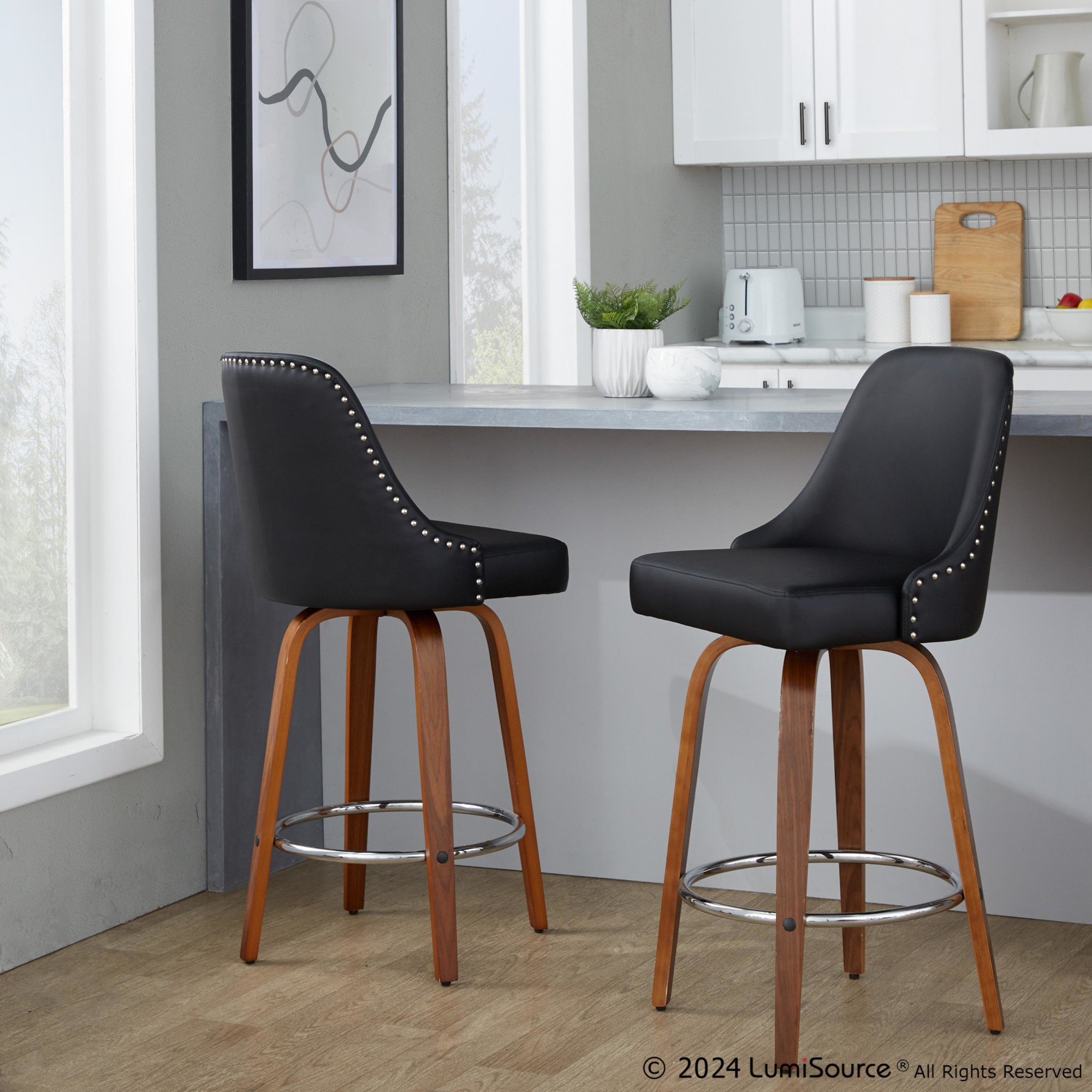 Studded Marcel 27-Inch Walnut and Black Swivel Counter Stools (Set of 2) 2 Studded Marcel 27-Inch Walnut and Black Swivel Counter Stools (Set of 2) - Image 2