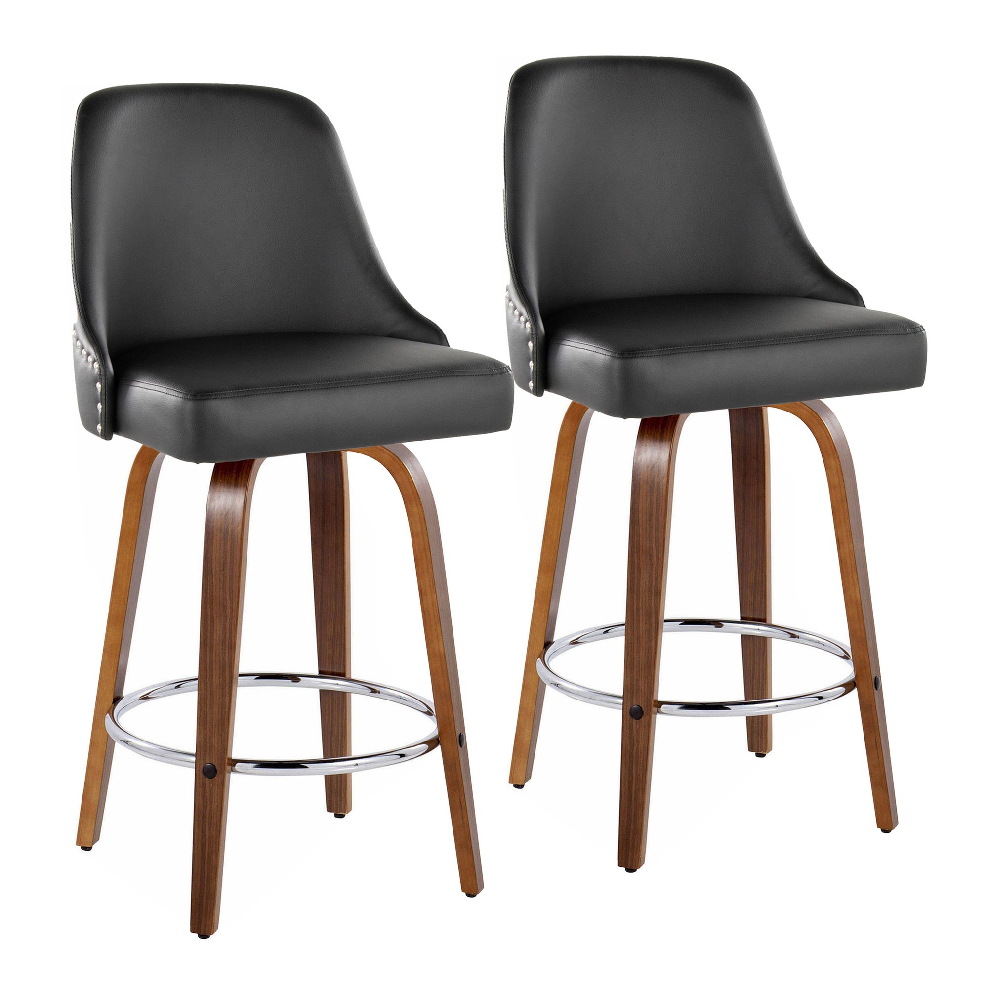 Studded Marcel 27-Inch Walnut and Black Swivel Counter Stools (Set of 2) 3 Studded Marcel 27-Inch Walnut and Black Swivel Counter Stools (Set of 2) - Image 3