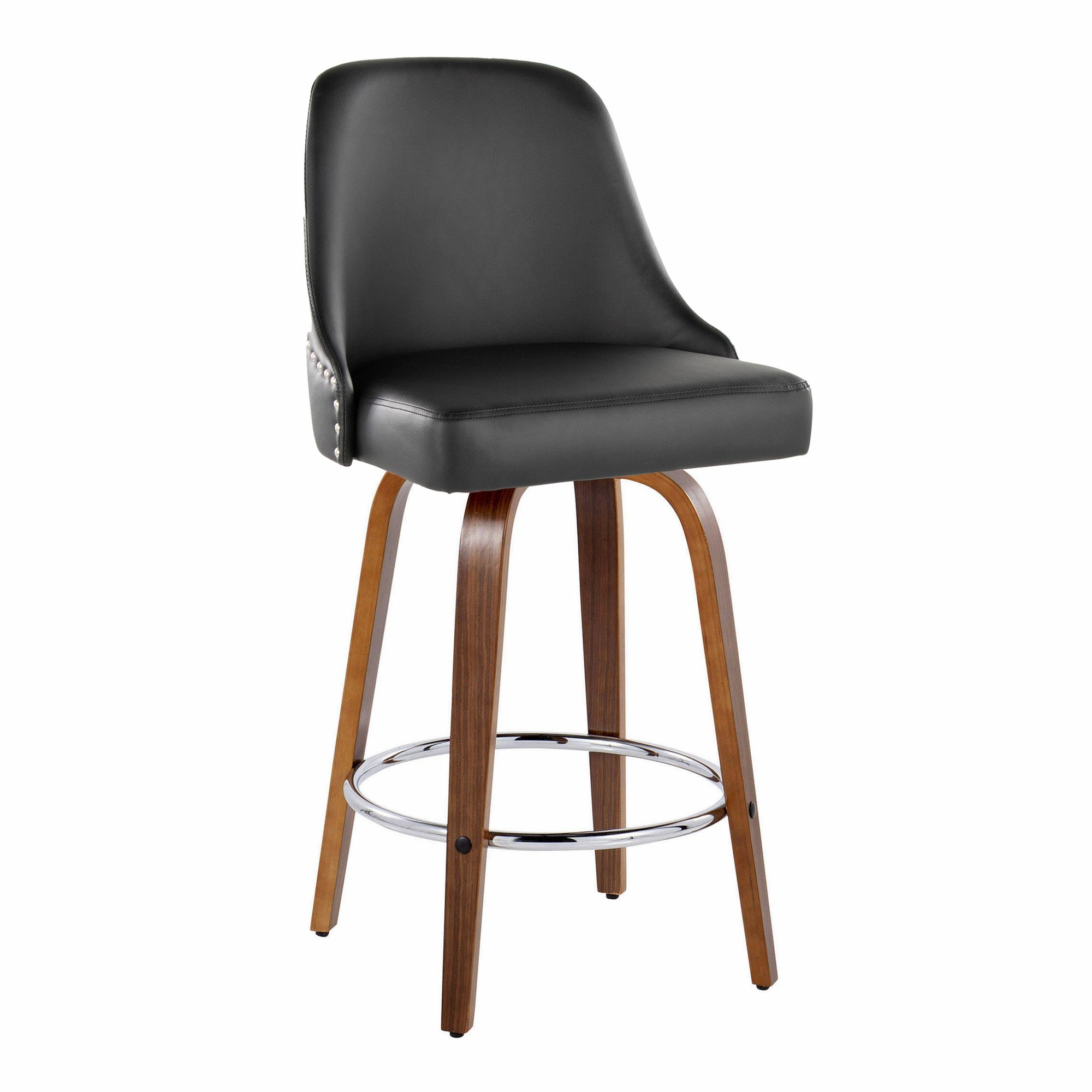 Studded Marcel 27-Inch Walnut and Black Swivel Counter Stools (Set of 2) 4 Studded Marcel 27-Inch Walnut and Black Swivel Counter Stools (Set of 2) - Image 4