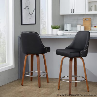 Studded Marcel 27-Inch Walnut and Black Swivel Counter Stools (Set of 2)